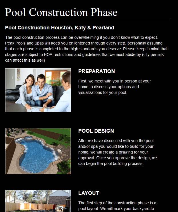 Client Profile: Peak Pools | Pool Marketing Site DIgital and Inbound Marketing Agency Houston